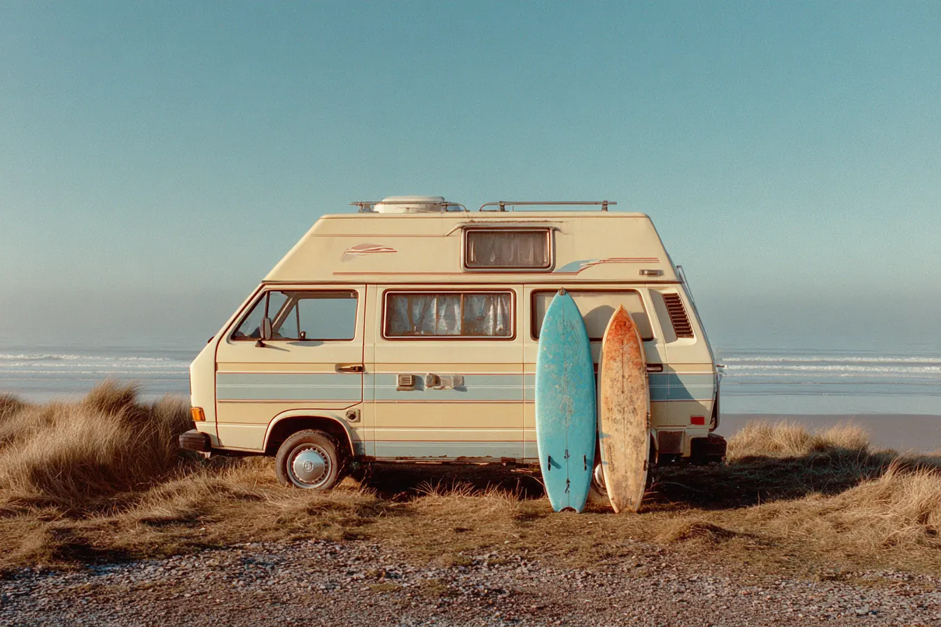 A sun-faded campervan and two weathered surfboards beside a bright coast in direct sunlight