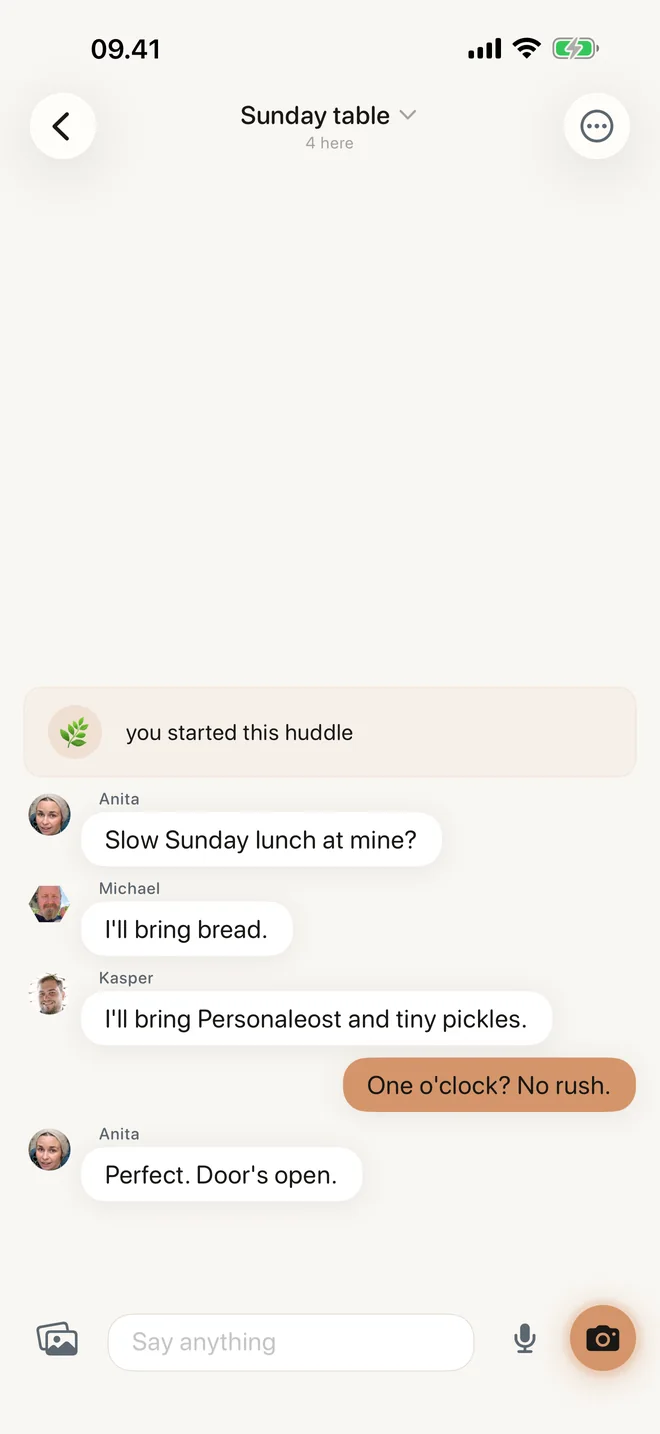 Haelo Huddle showing authorized real-person portraits in a fictional slow Sunday lunch fixture